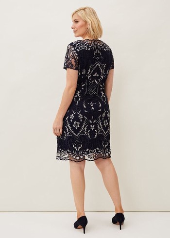 Phase Eight Lizzy Embroidered Dress Navy/White Australia | PE6128053